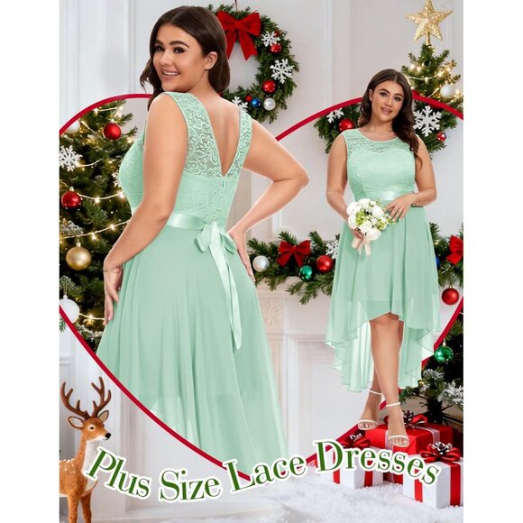 BeryLove Women Light Green Chiffon Scoop Neck Sleeveless Lace Cocktail Dress - Picture 6 of 7